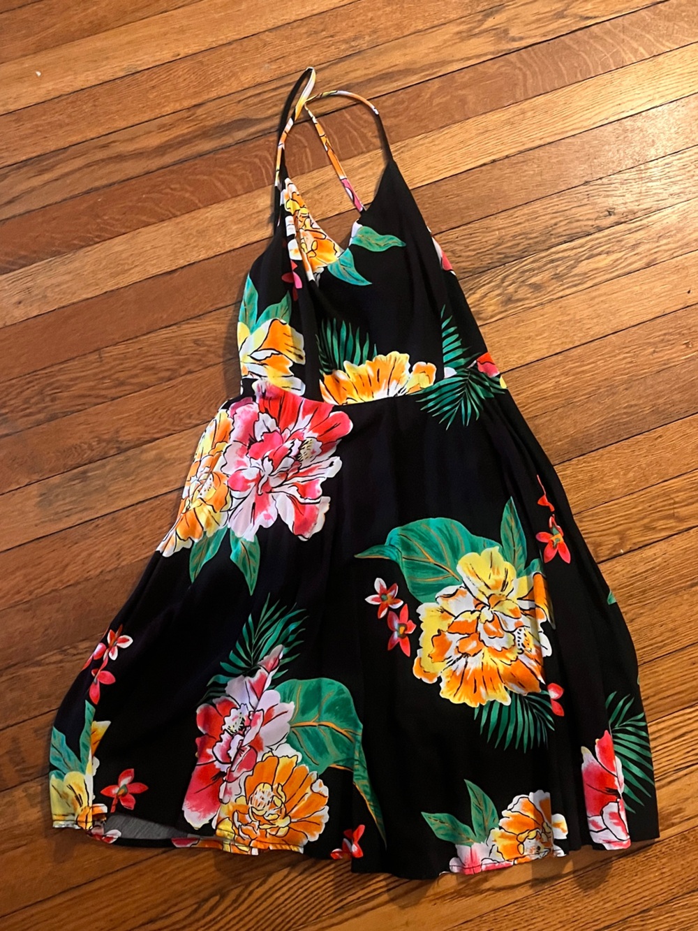 Old Navy Black Mini Skirt with Bright Tropical Florals
